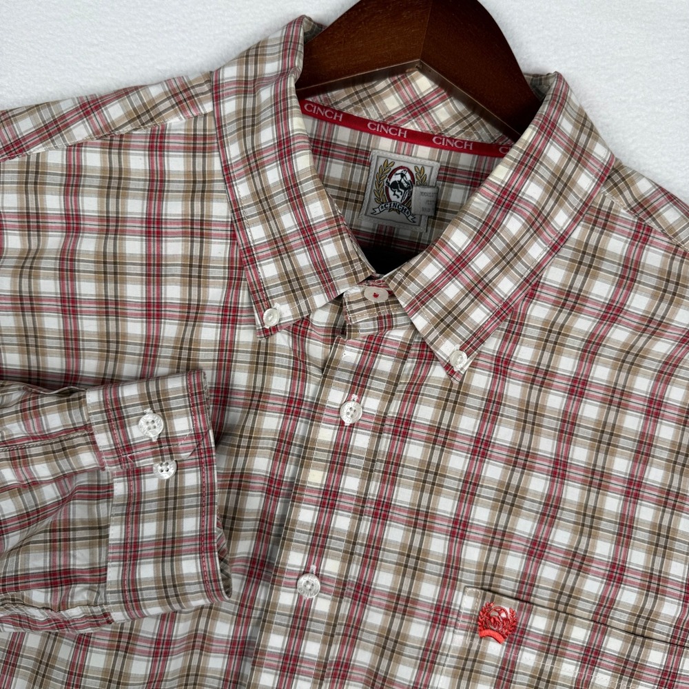 Cinch Mens XL Plaid Western Button Down Shirt Red Tan Long Sleeve Cowboy Rodeo